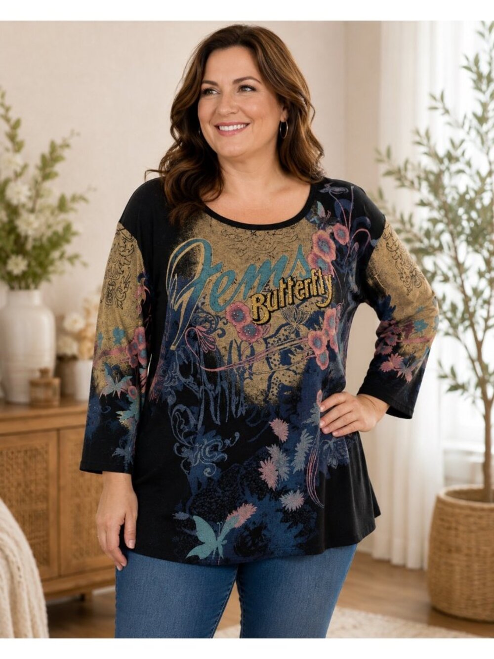 Susan Lawrence Woman 2X Gem Butterfly Floral Art To Wear Knit Top USA Boho